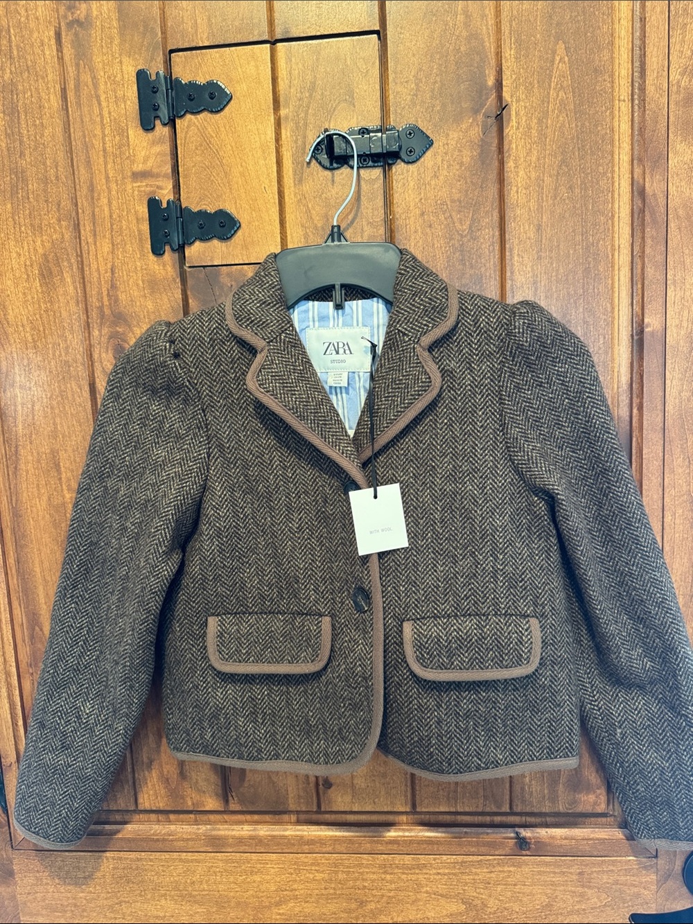 Zara Brown Herringbone Girls' Blazer with Contrast Trim